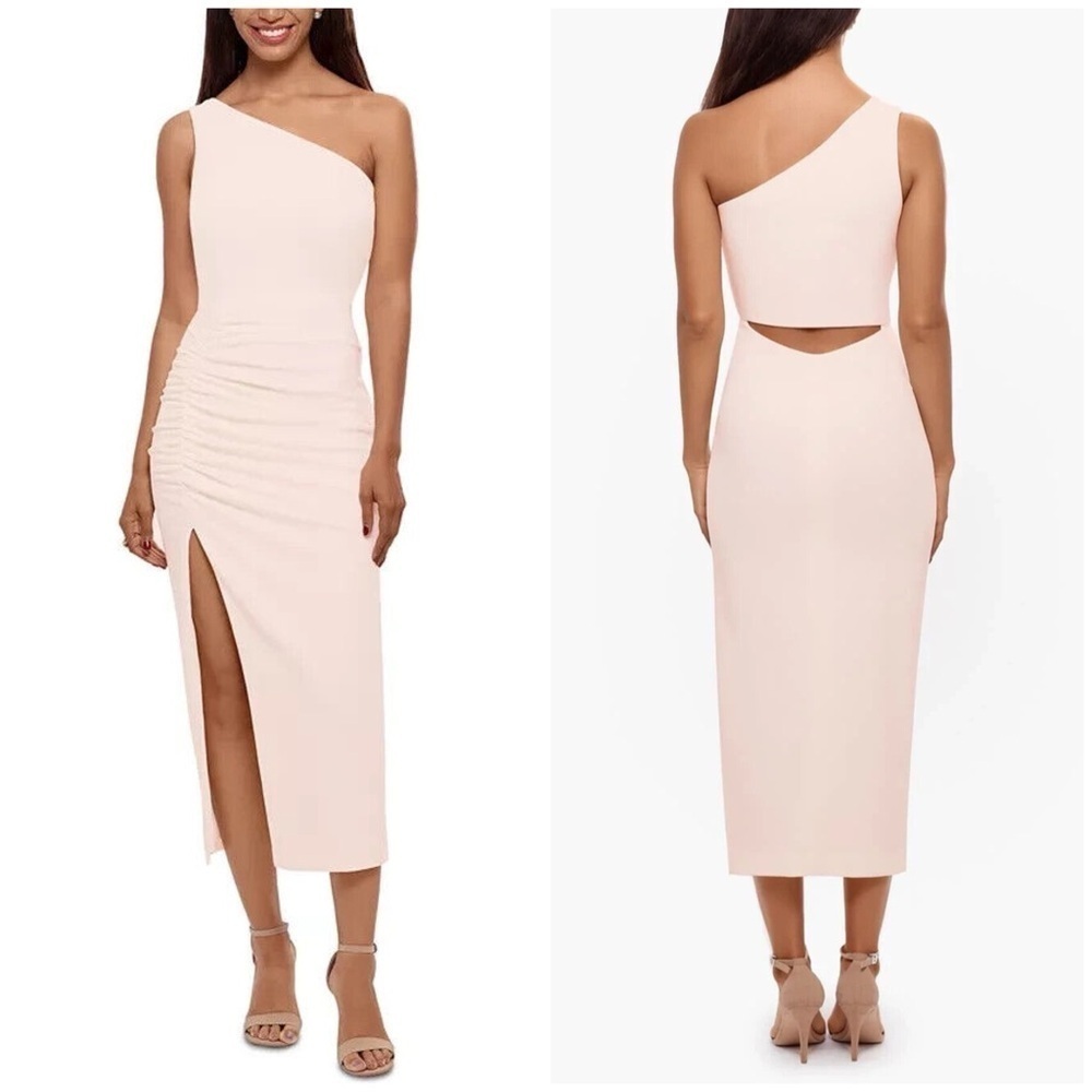 Betsy & Adam One Shoulder Ruched Midi Dress Cut Out Back Blush Pink Slit Sz 4
